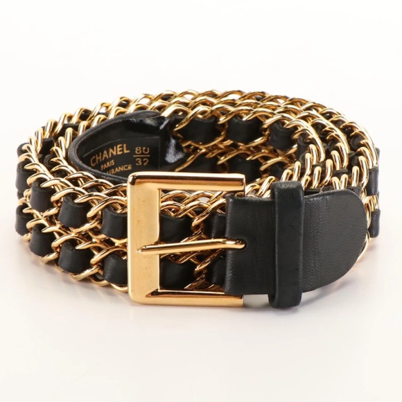 CHANEL Accessories - Chanel Black Leather Curb Chain Belt Vintage